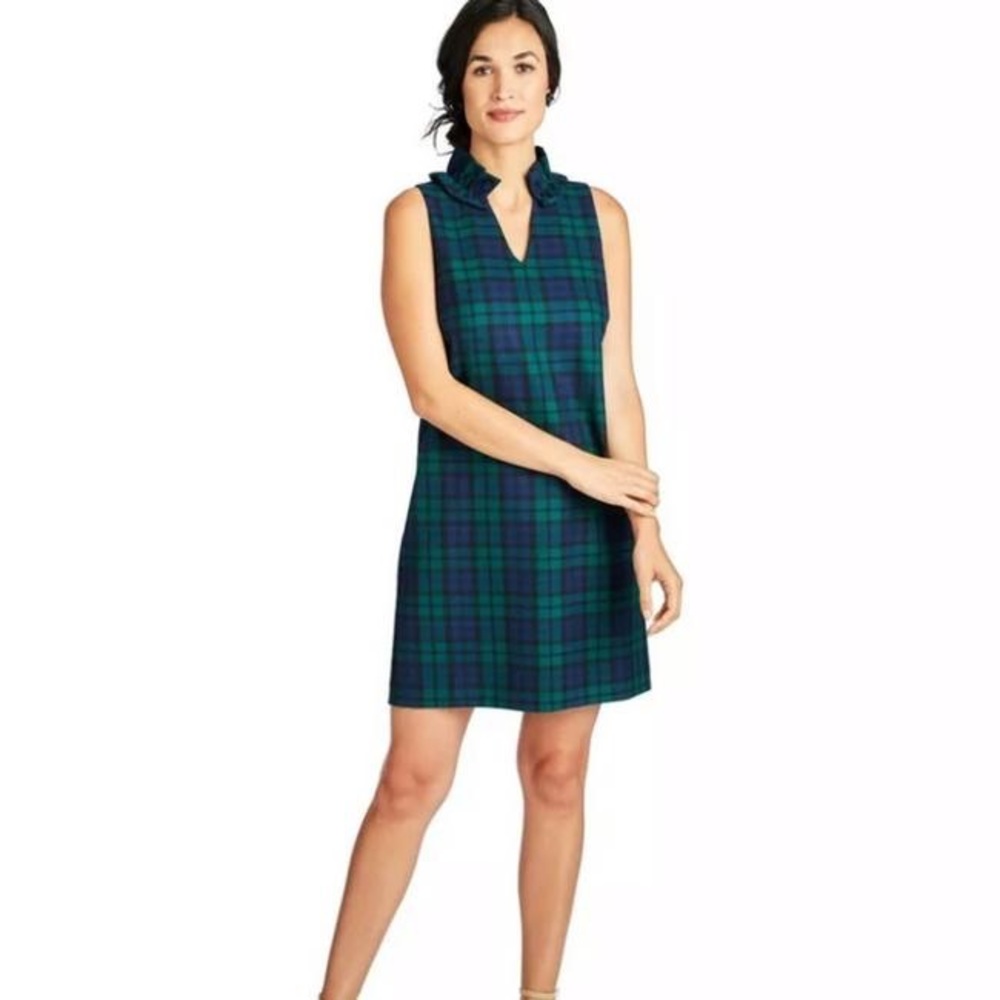 Green plaid ruffle neck dress